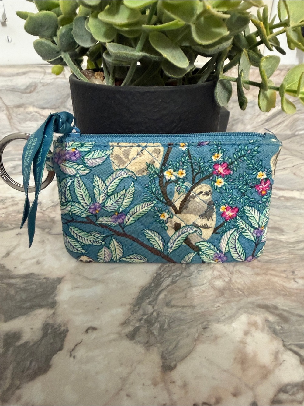 Vera Bradley Teal Floral Sloth Keyring Coin Pouch